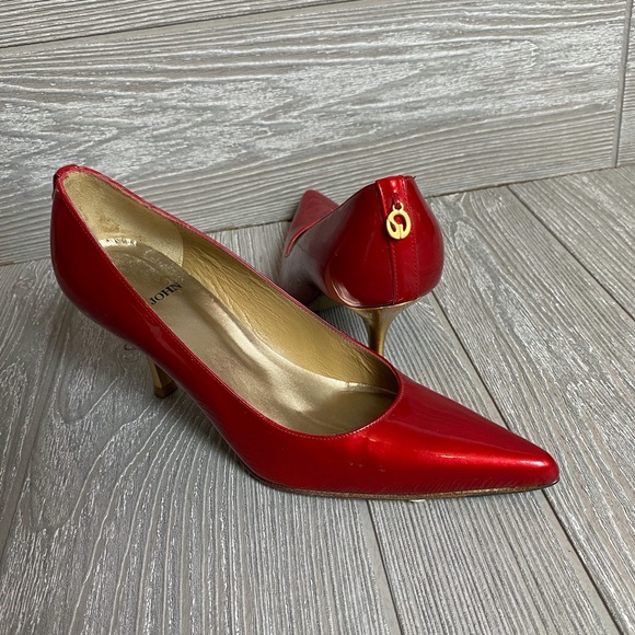 💚 St. John Red & Gold Pointed Pump Heels 6M - Picture 7 of 12